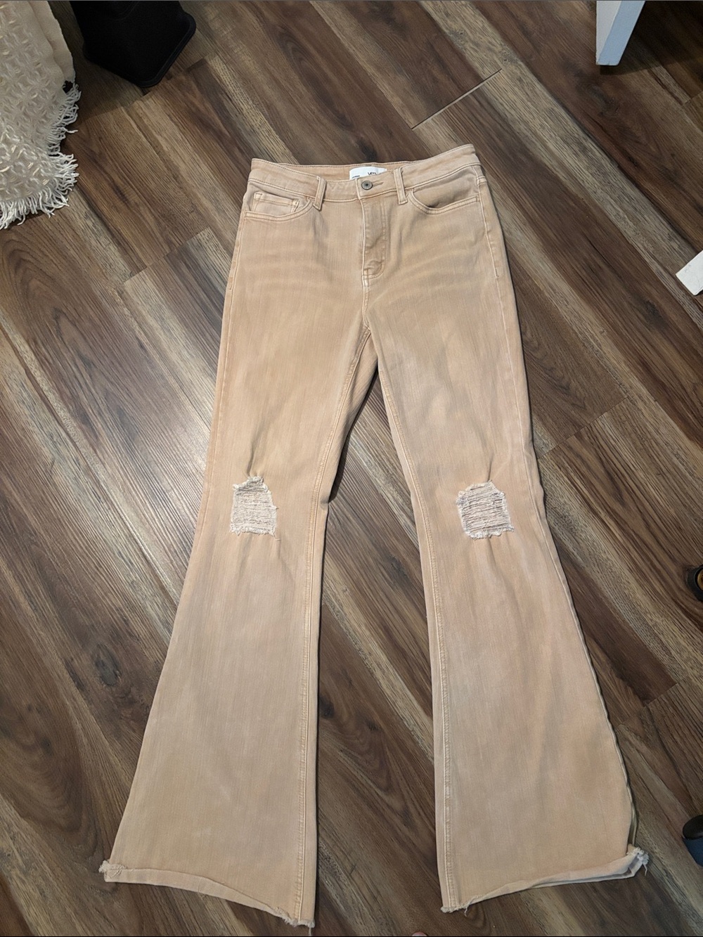 High-Rise Wide Leg Flared Jeans in Light Tan with Knee Distressing